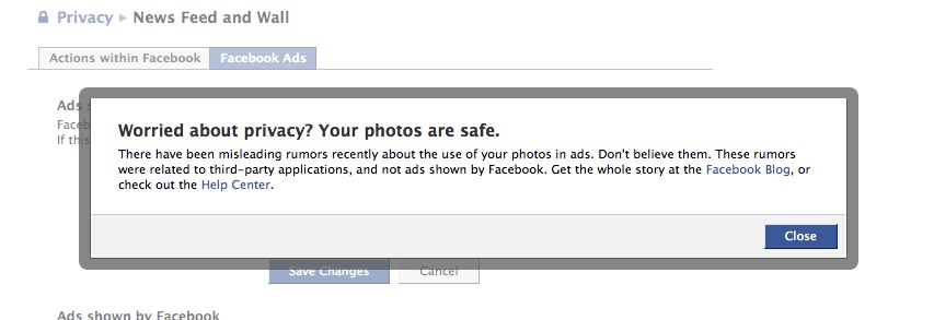 Privacy pop-up trying to address Facebook photo ad serving issues