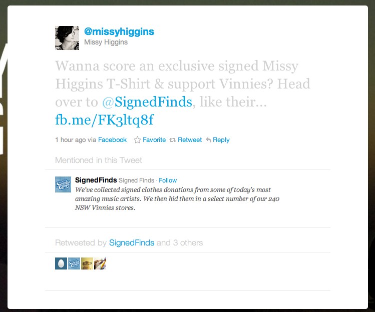 Missy Higgins tweets about Signed Finds